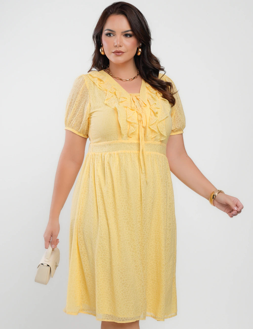 Vestido Midi Chiffon Com Textura Amarelo