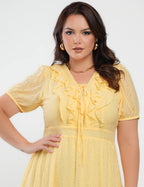 Vestido Midi Chiffon Com Textura Amarelo