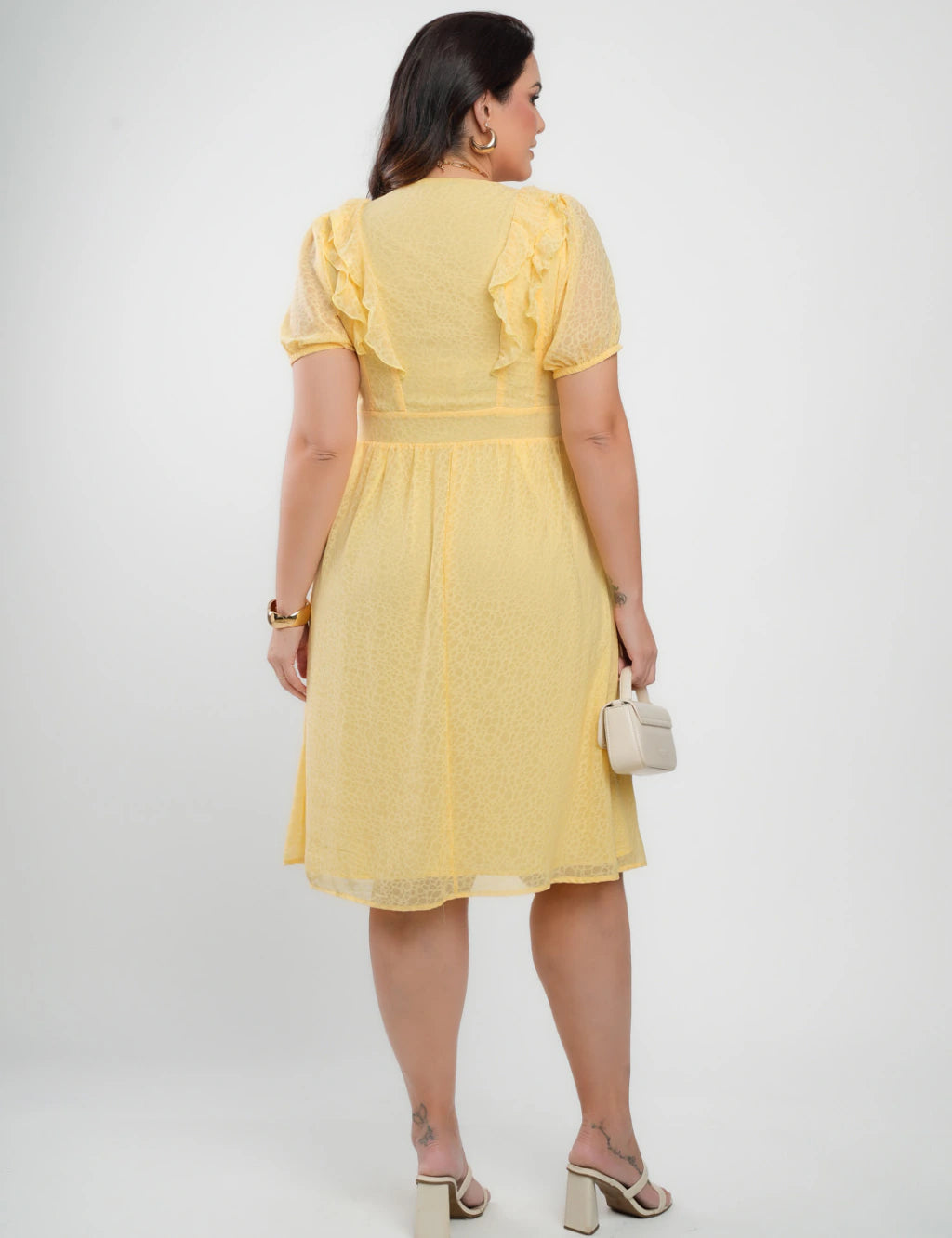 Vestido Midi Chiffon Com Textura Amarelo