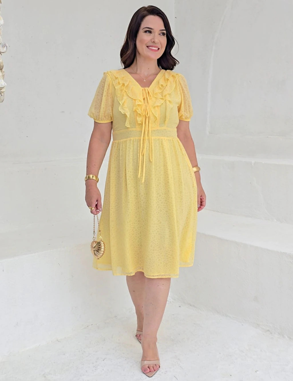 Vestido Midi Chiffon Com Textura Amarelo