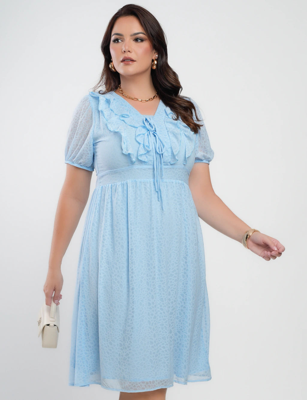 Vestido Midi Chiffon Com Textura Azul
