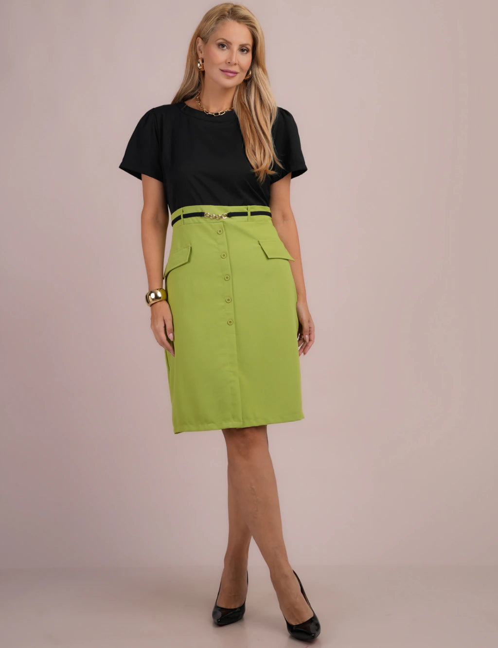 Vestido Midi Bicolor Verde