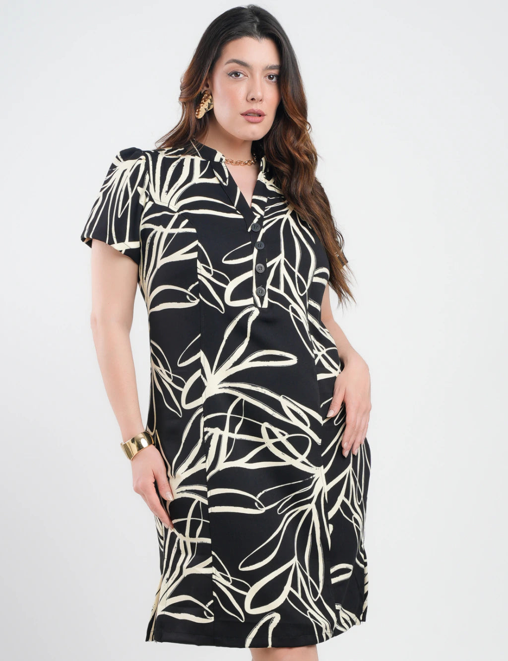 Vestido Midi Tubinho Alfaiataria Estampado Preto