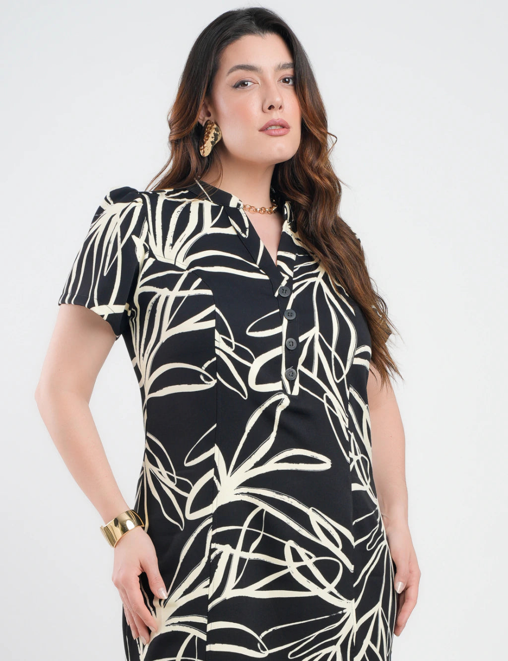 Vestido Midi Tubinho Alfaiataria Estampado Preto