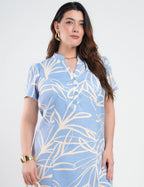 Vestido Midi Tubinho Alfaiataria Estampado Azul