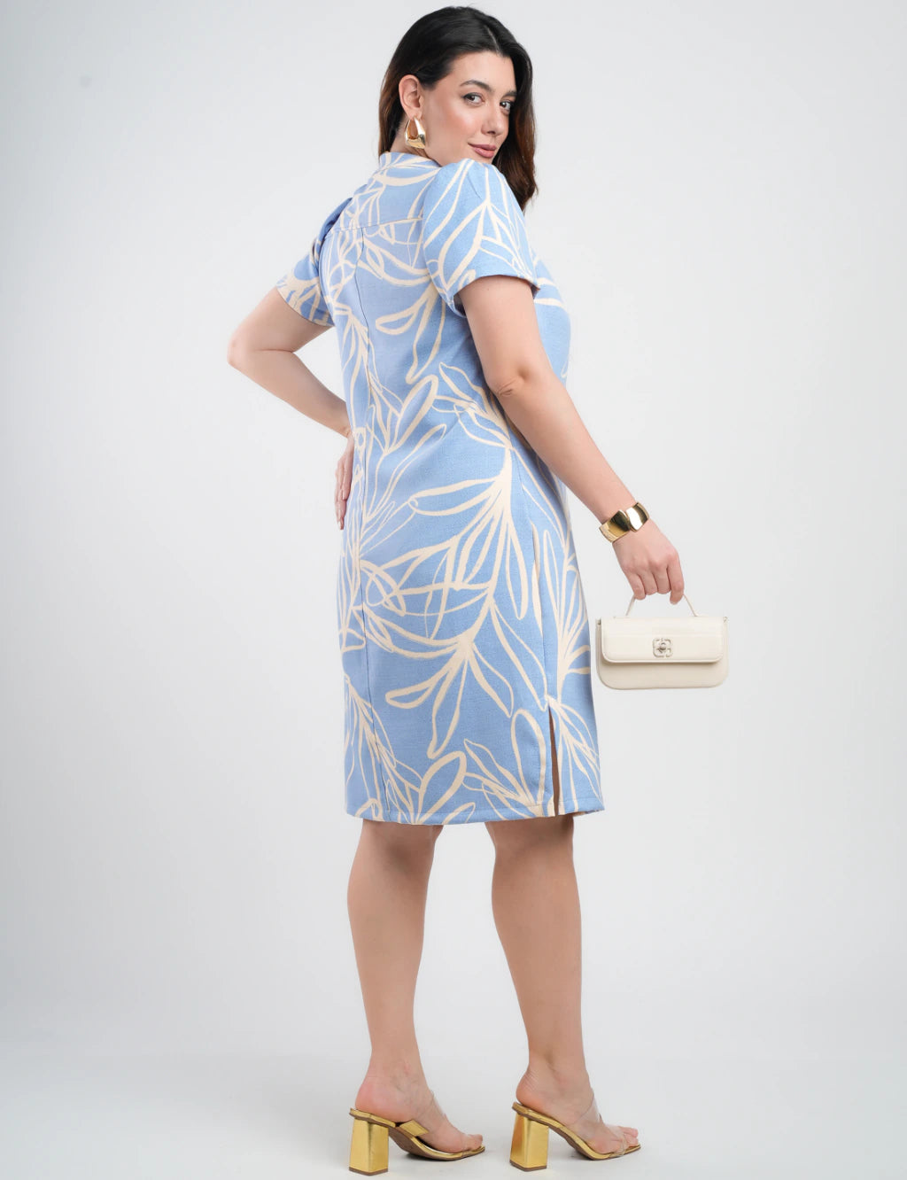 Vestido Midi Tubinho Alfaiataria Estampado Azul