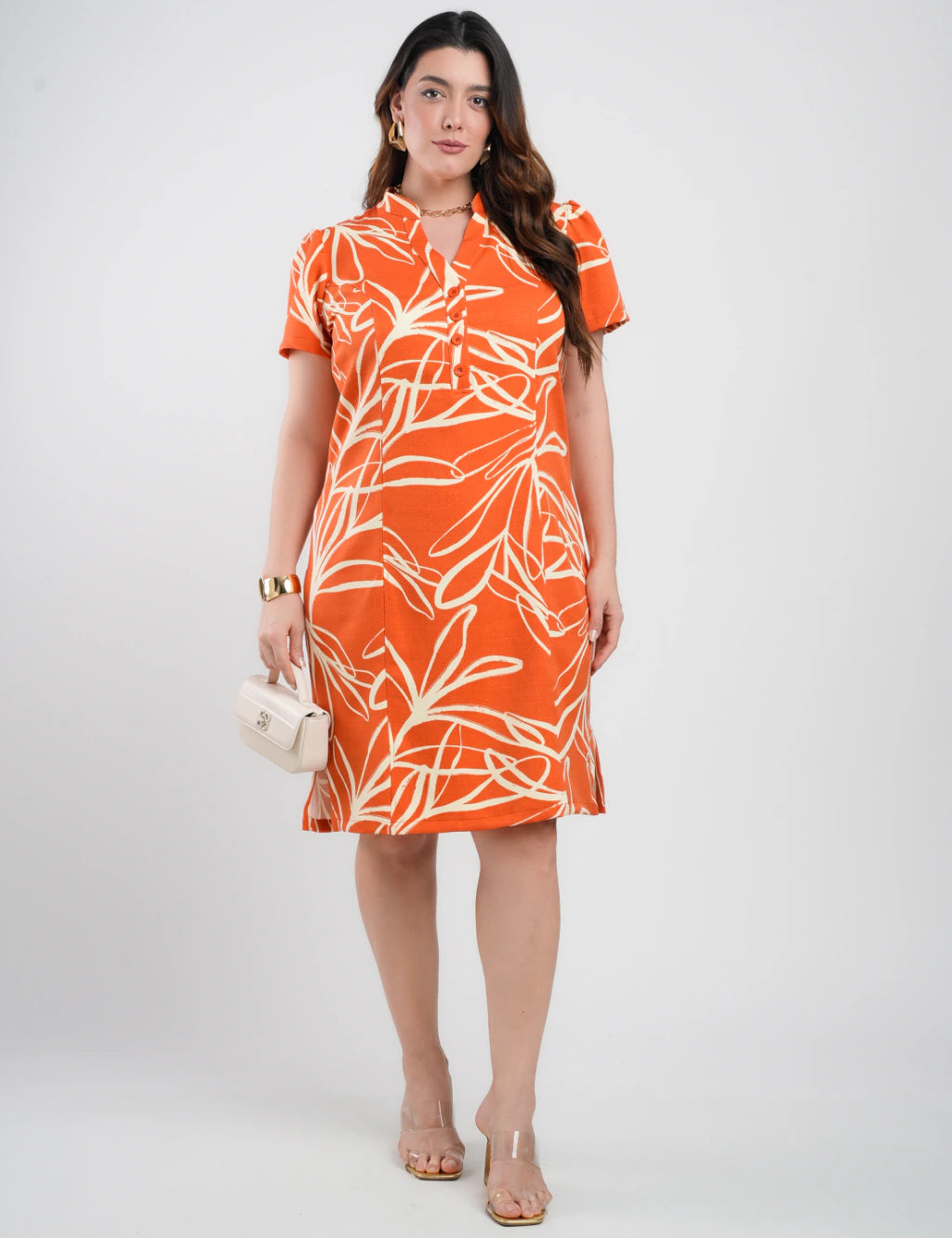 Vestido Midi Tubinho Alfaiataria Estampado Laranja