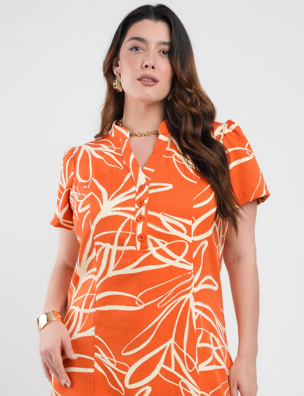 Vestido Midi Tubinho Alfaiataria Estampado Laranja