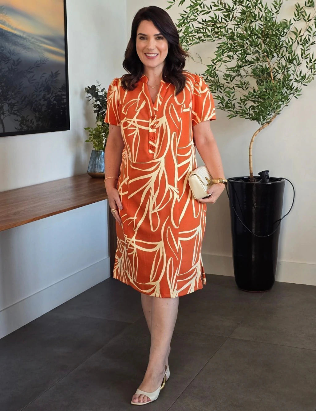Vestido Midi Tubinho Alfaiataria Estampado Laranja