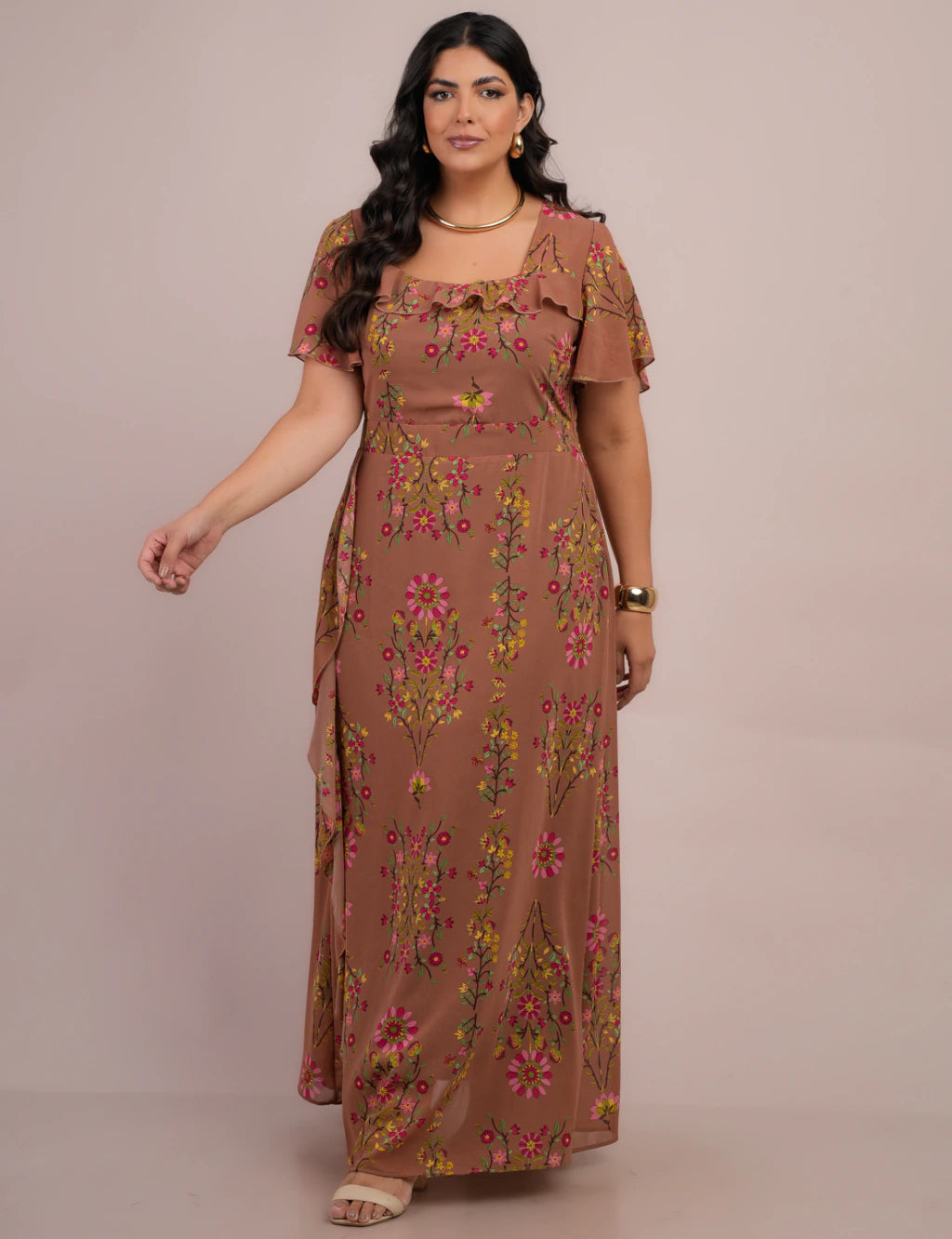 Vestido Longo Chiffon Estampado Floral Marrom