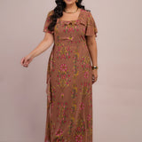 Vestido Longo Chiffon Estampado Floral Marrom