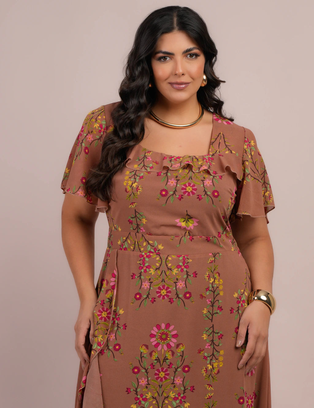 Vestido Longo Chiffon Estampado Floral Marrom