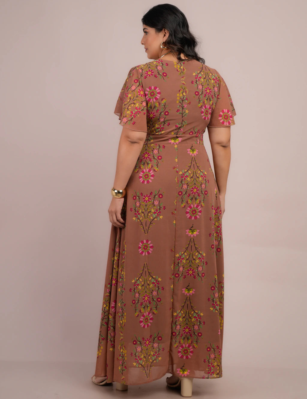 Vestido Longo Chiffon Estampado Floral Marrom