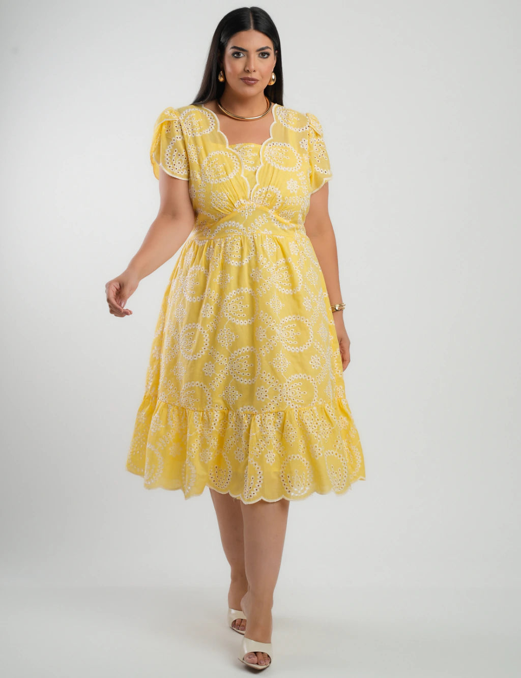 Vestido Midi Lasie Algodão Barrado Amarelo
