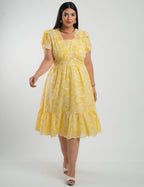 Vestido Midi Lasie Algodão Barrado Amarelo