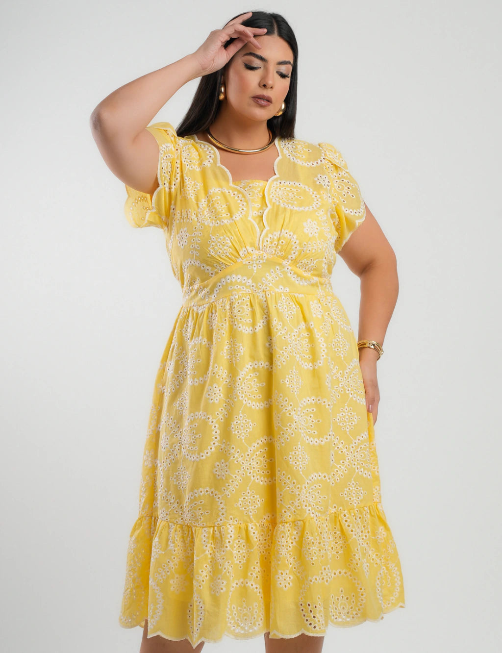 Vestido Midi Lasie Algodão Barrado Amarelo
