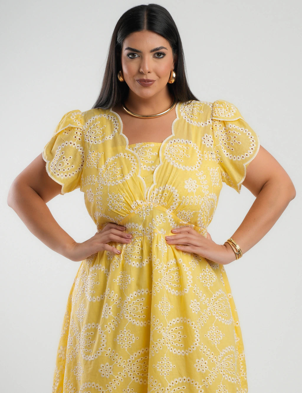 Vestido Midi Lasie Algodão Barrado Amarelo