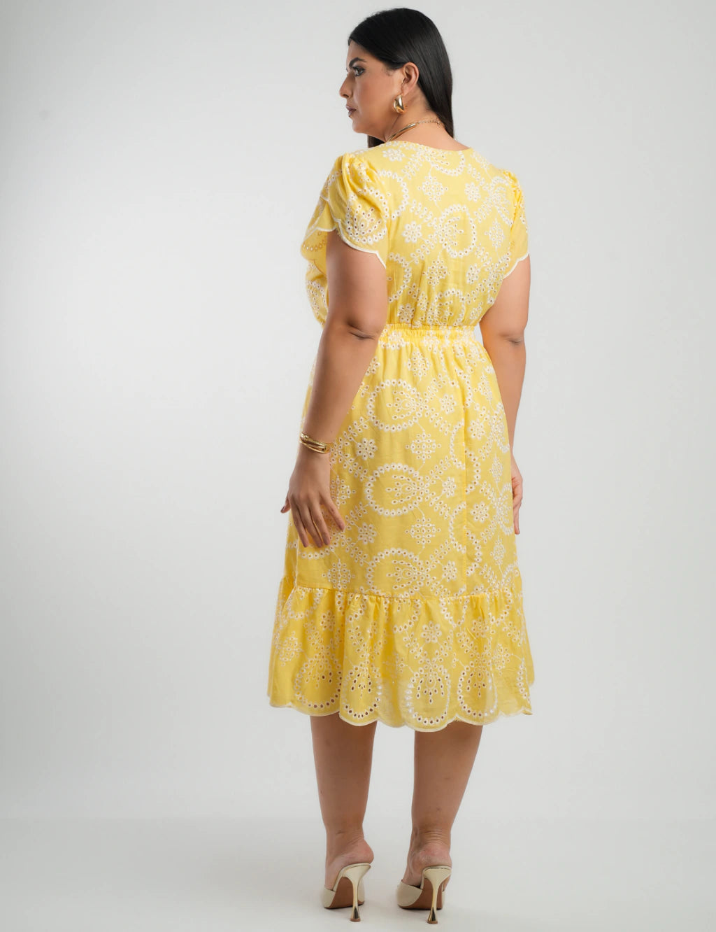 Vestido Midi Lasie Algodão Barrado Amarelo