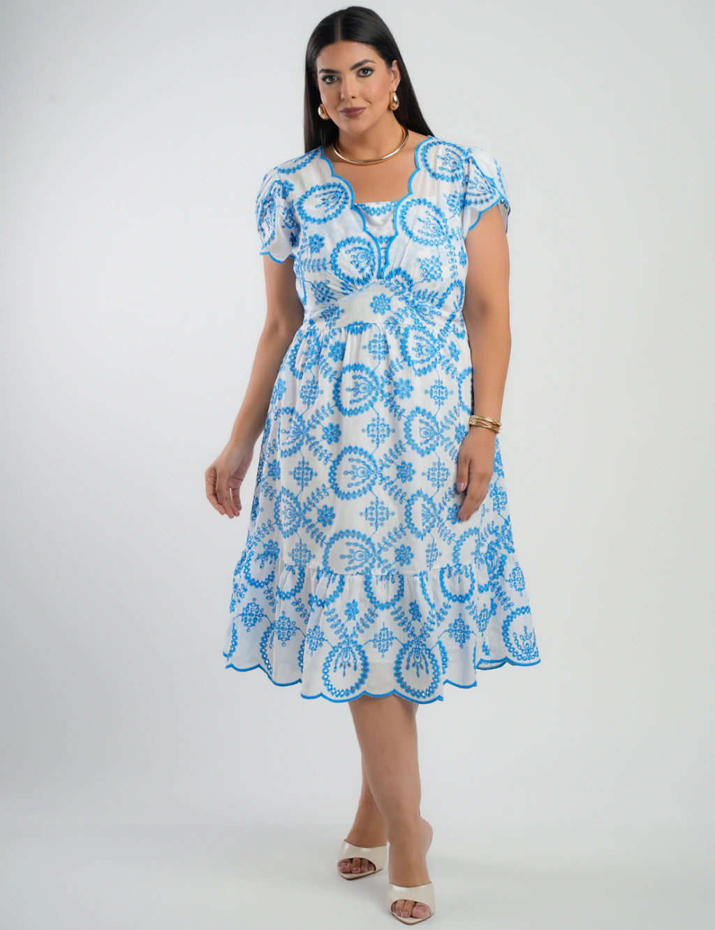 Vestido Midi Lasie Algodão Barrado Azul