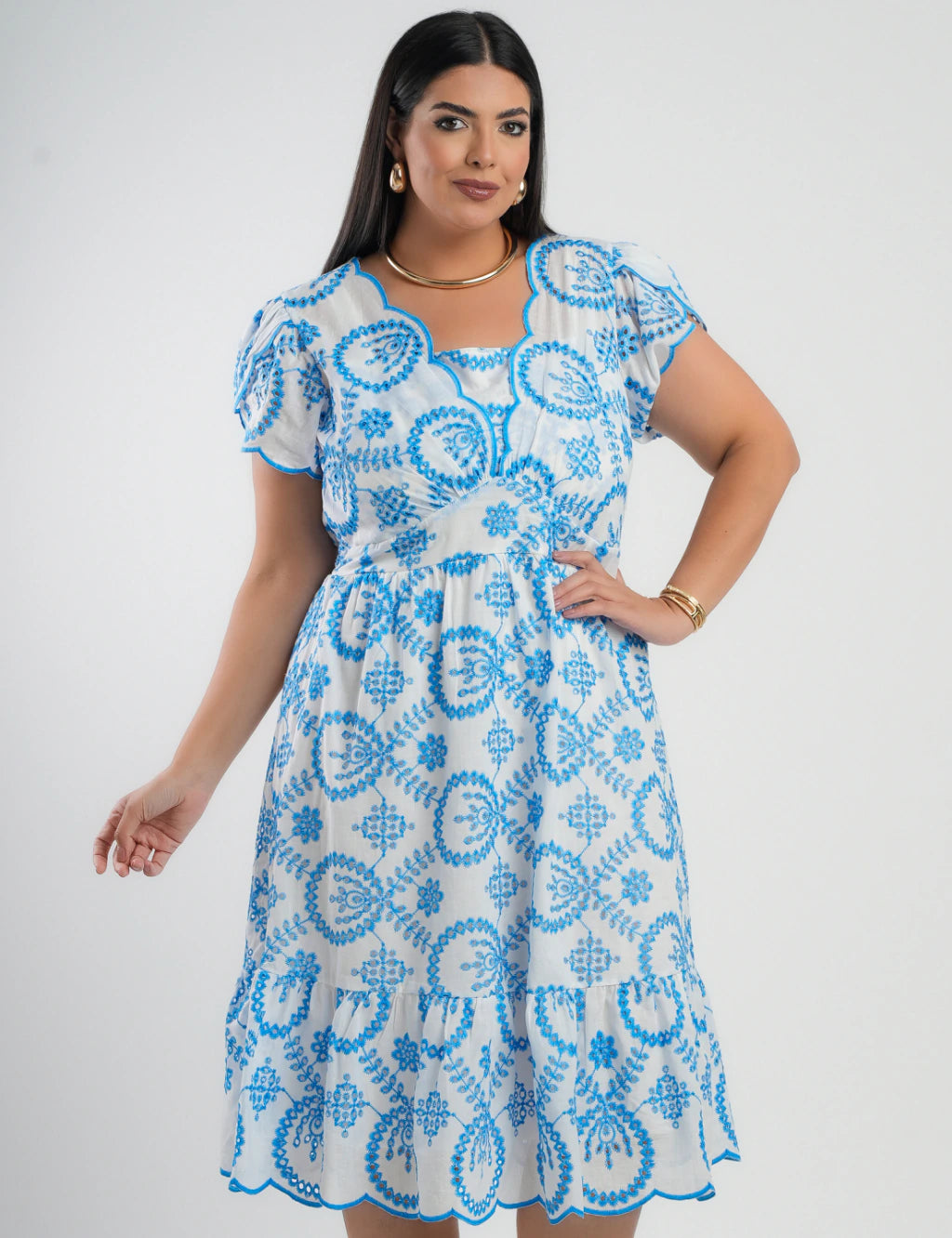 Vestido Midi Lasie Algodão Barrado Azul