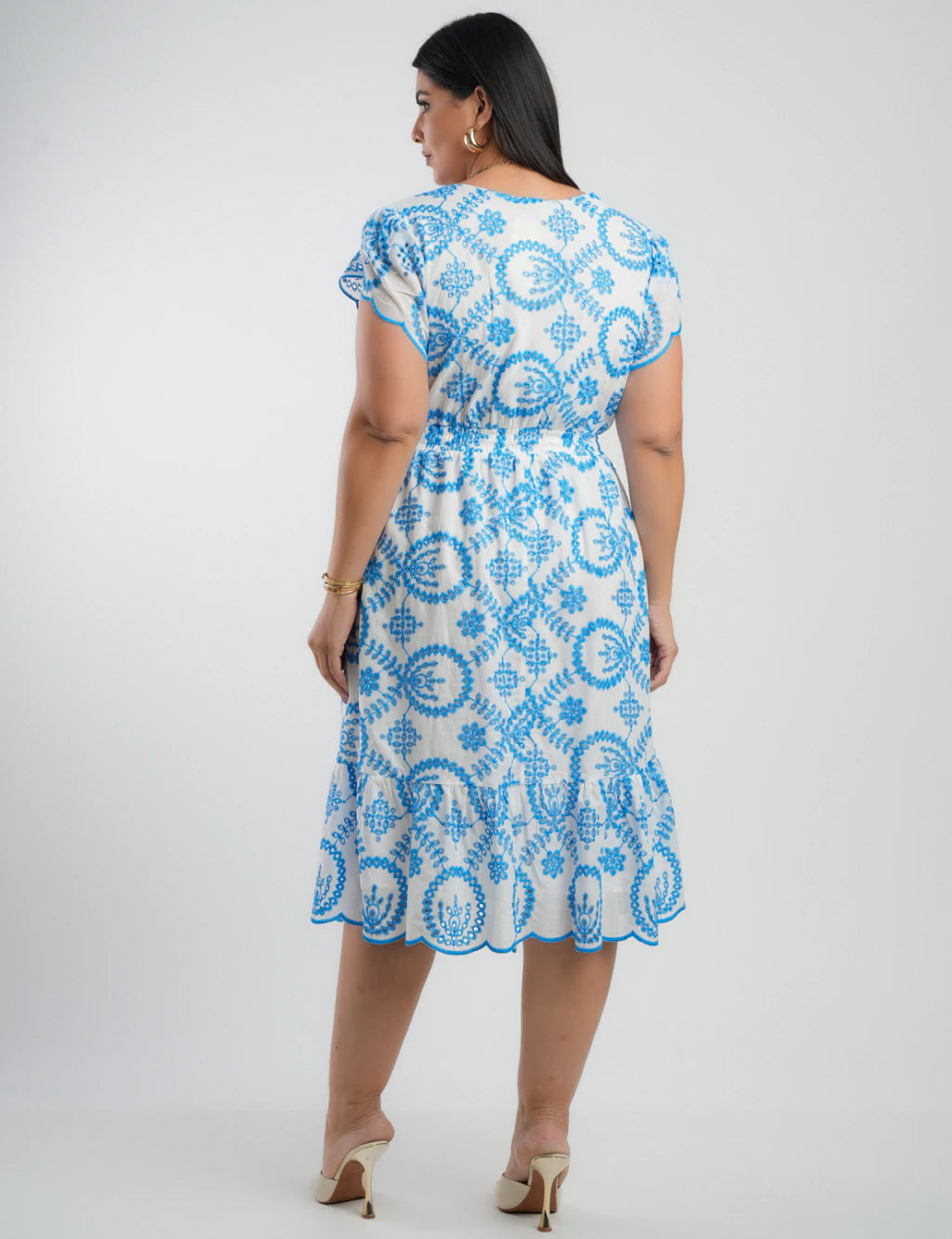 Vestido Midi Lasie Algodão Barrado Azul