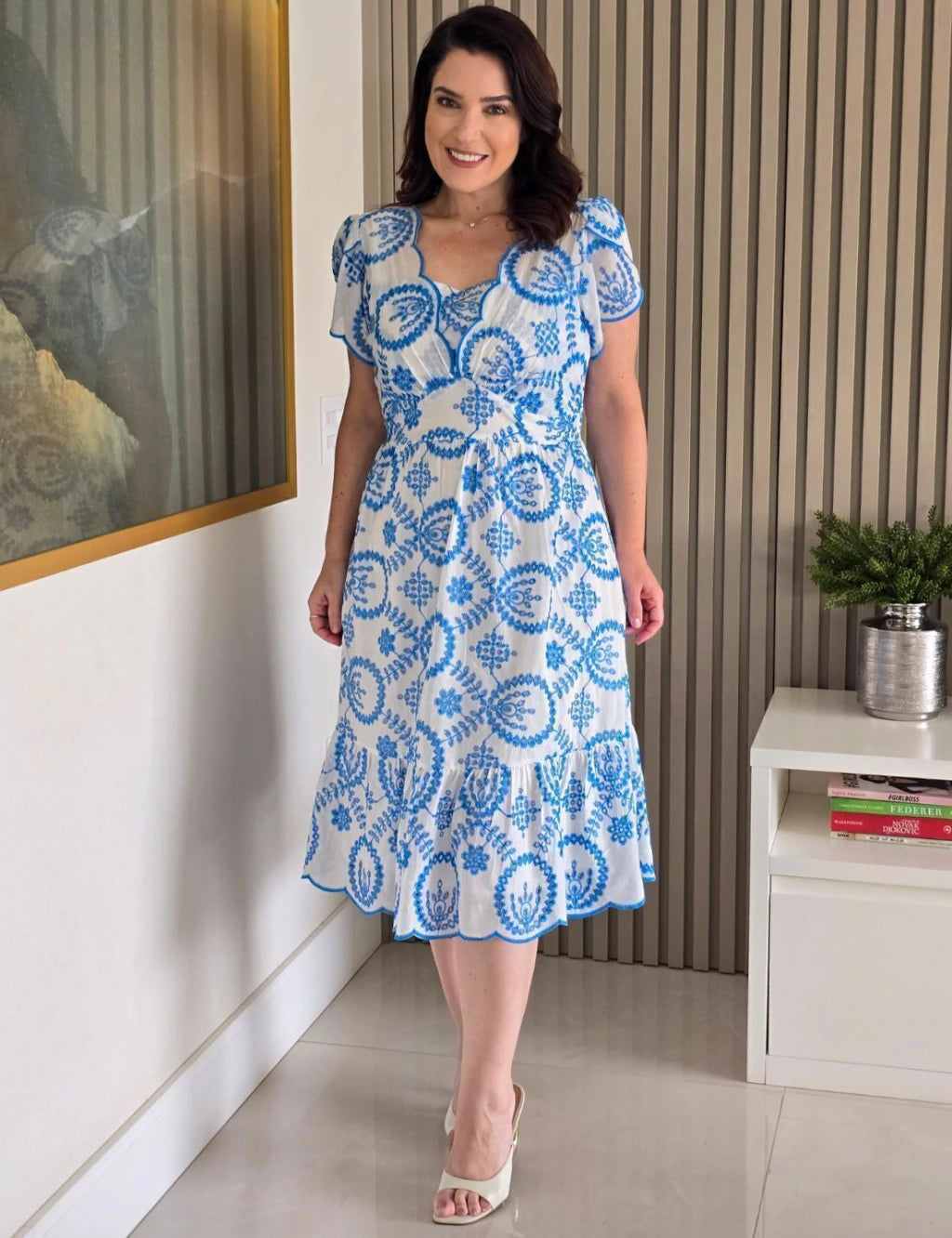 Vestido Midi Lasie Algodão Barrado Azul