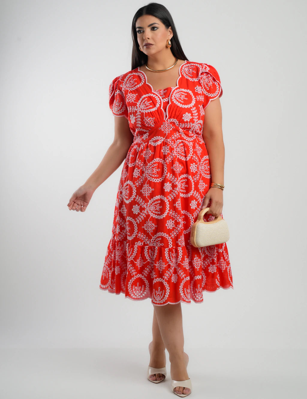 Vestido Midi Lasie Algodão Barrado Vermelho