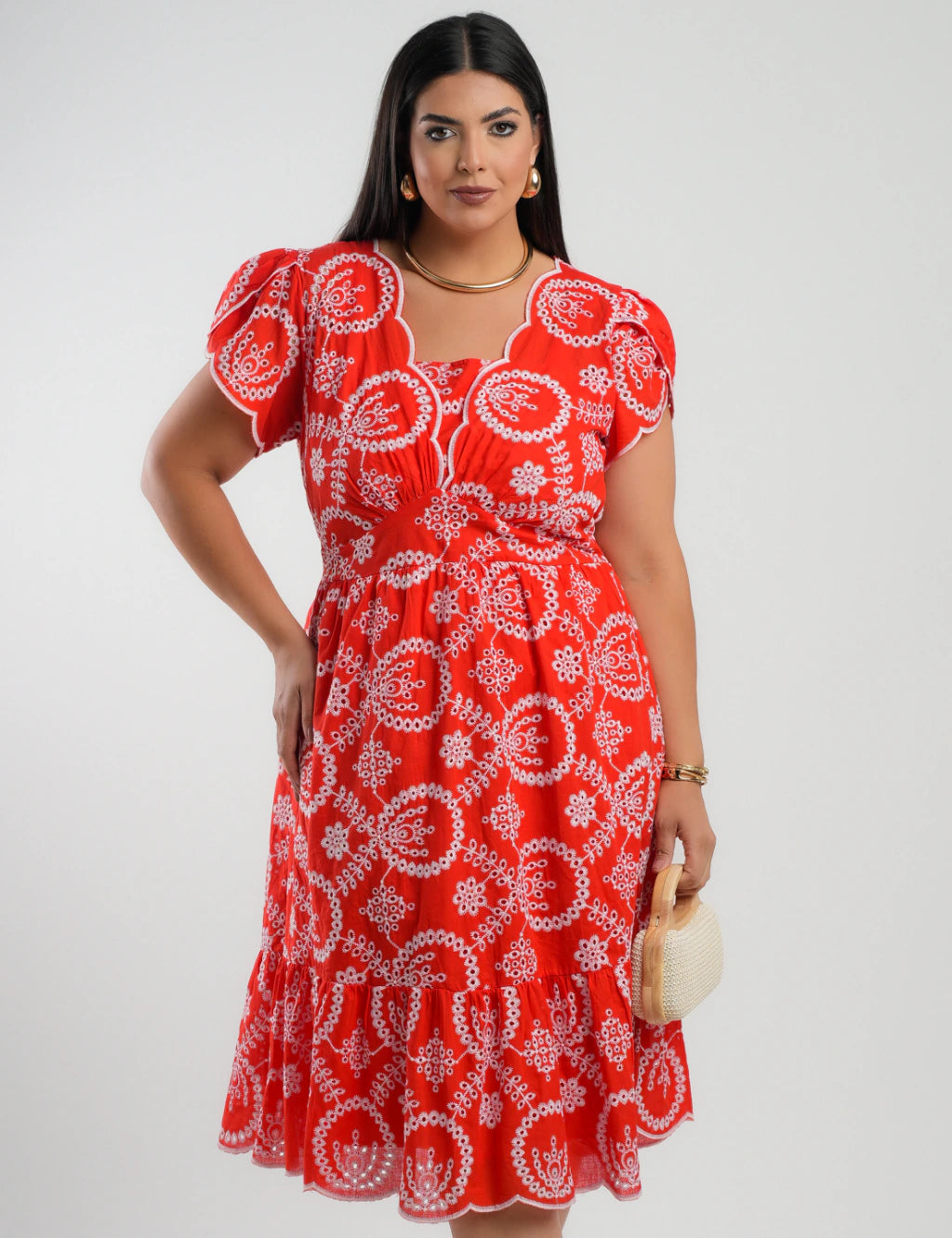 Vestido Midi Lasie Algodão Barrado Vermelho