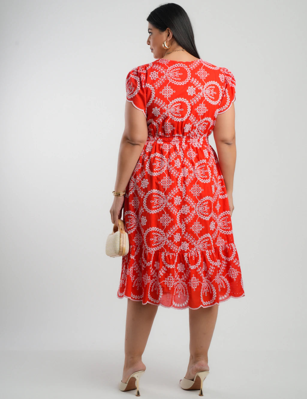 Vestido Midi Lasie Algodão Barrado Vermelho