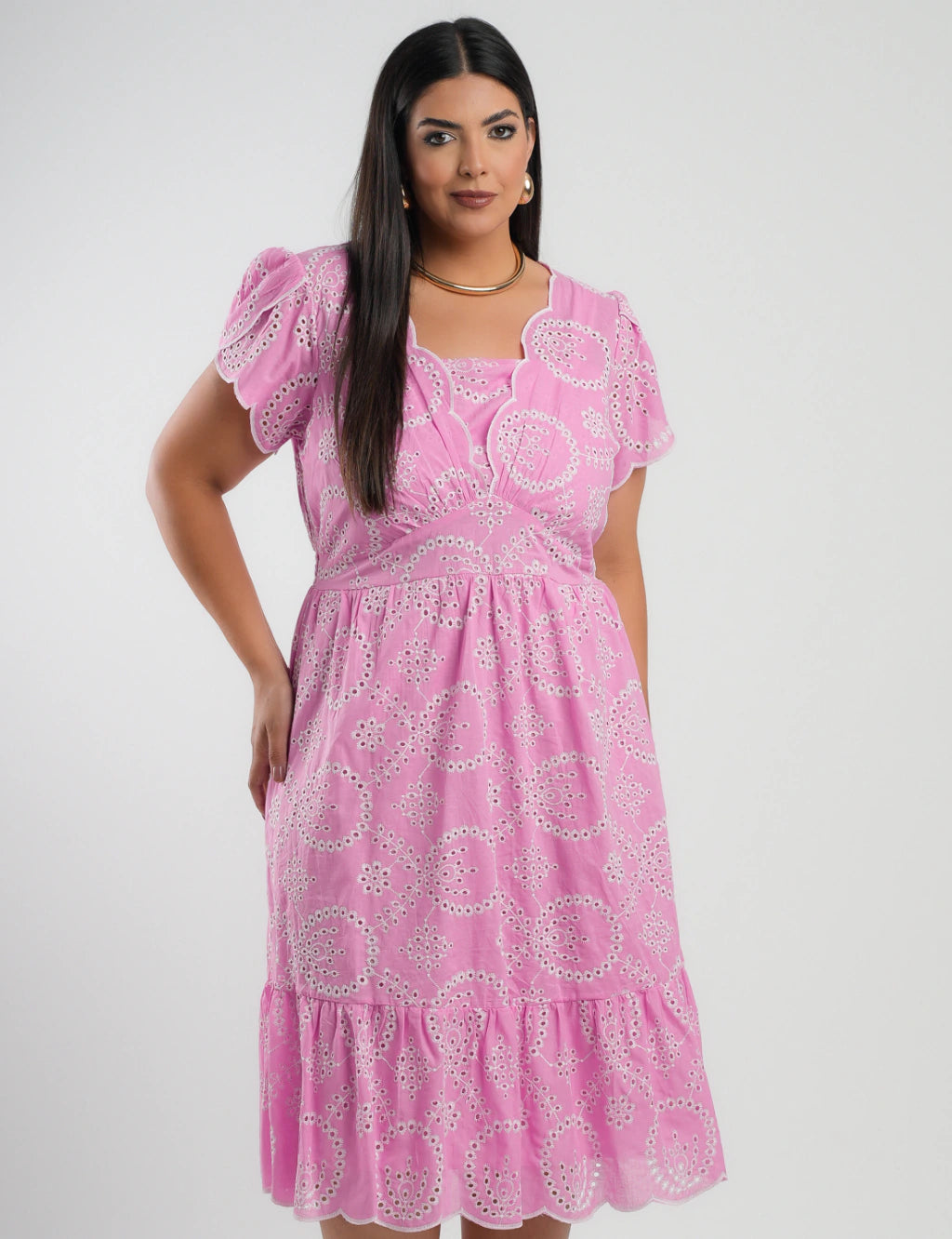 Vestido Midi Lasie Algodão Barrado Rosa
