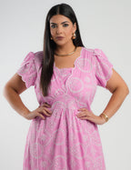 Vestido Midi Lasie Algodão Barrado Rosa