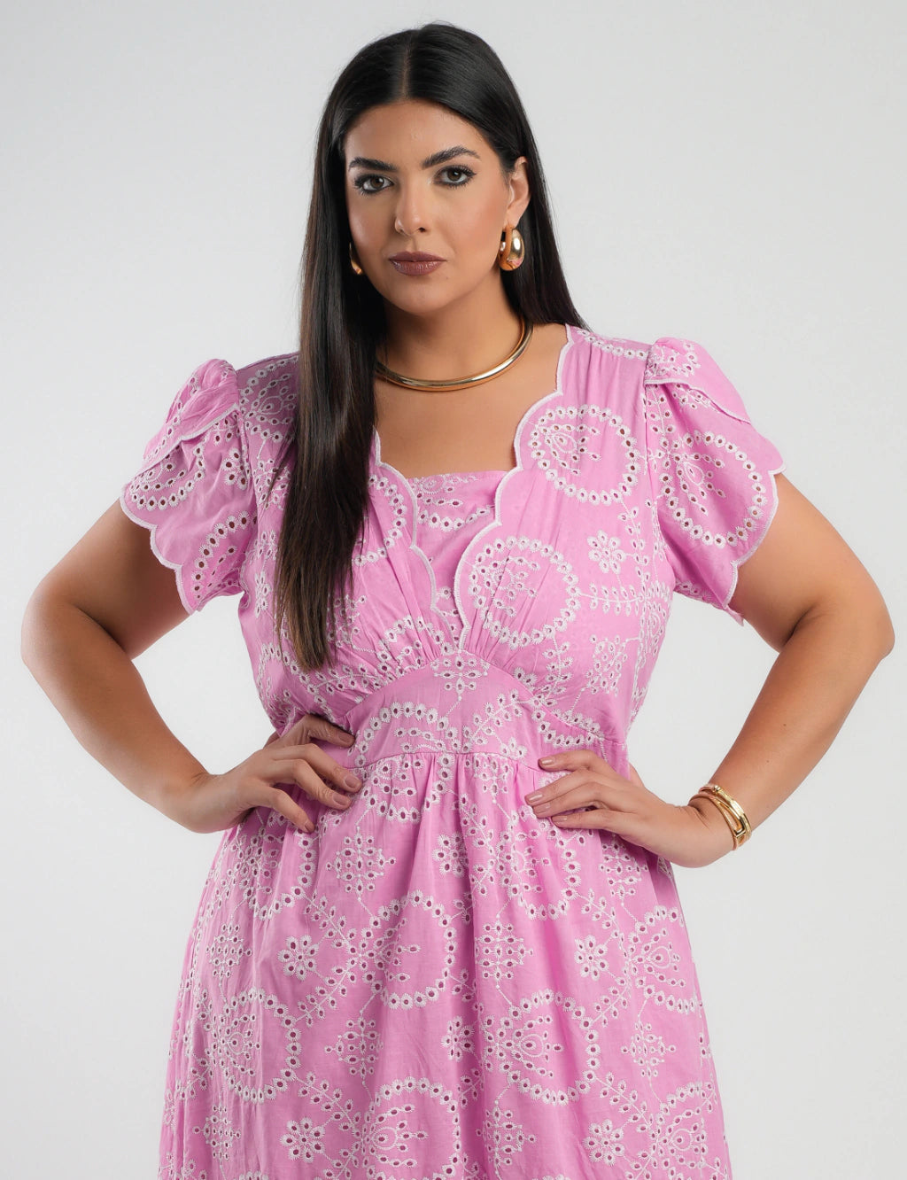 Vestido Midi Lasie Algodão Barrado Rosa