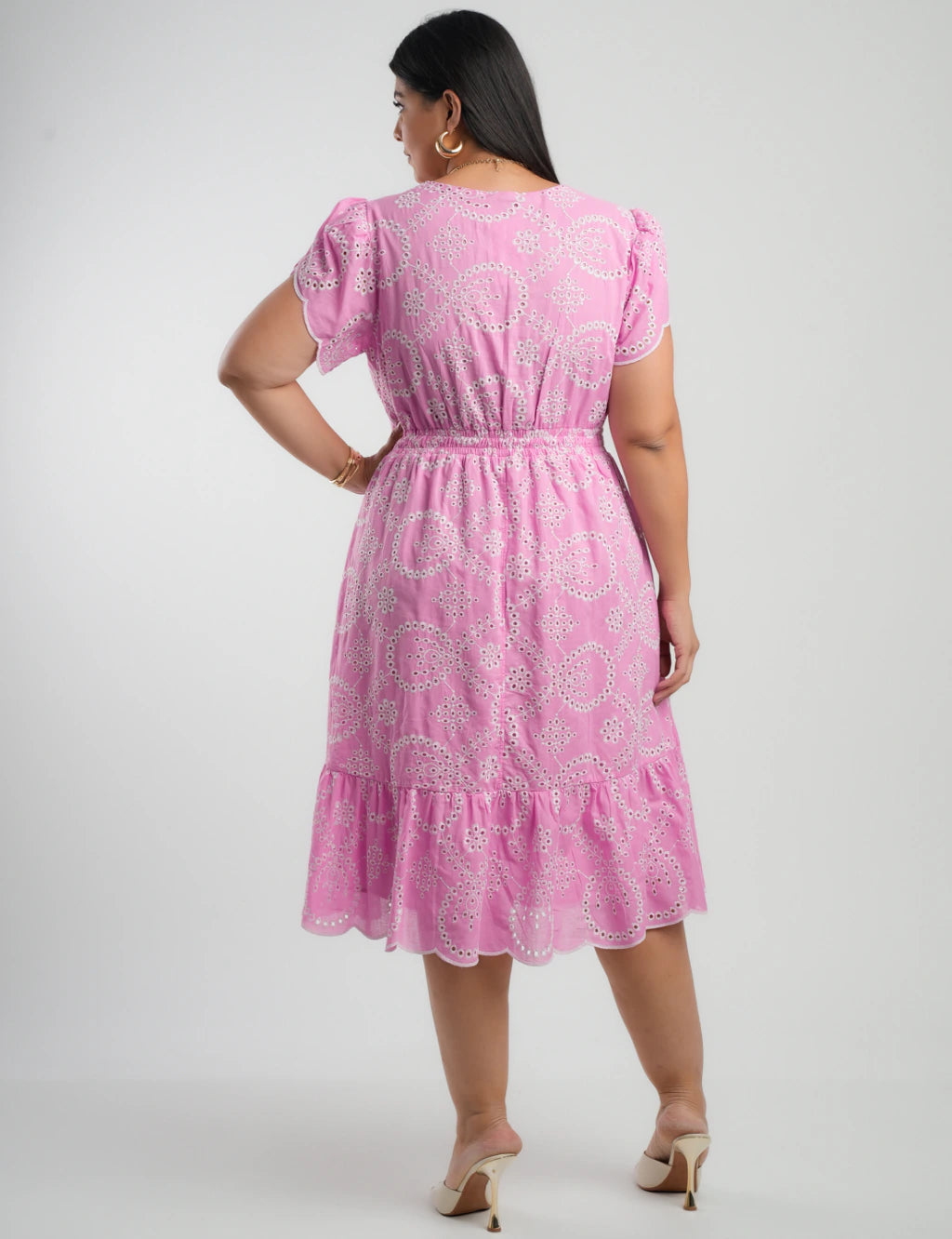 Vestido Midi Lasie Algodão Barrado Rosa