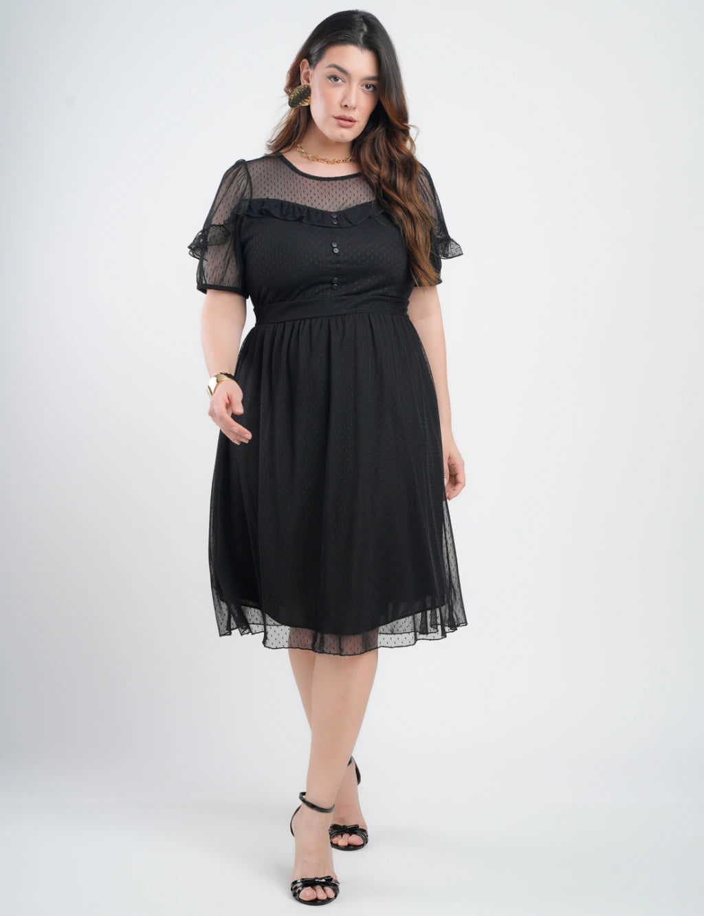 Vestido Midi Tule Textura Poá Com Babado Preto
