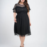 Vestido Midi Tule Textura Poá Com Babado Preto