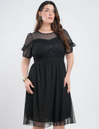 Vestido Midi Tule Textura Poá Com Babado Preto