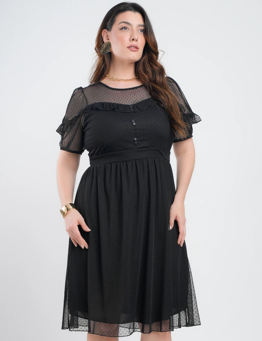 Vestido Midi Tule Textura Poá Com Babado Preto