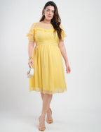 Vestido Midi Tule Textura Poá Com Babado Amarelo