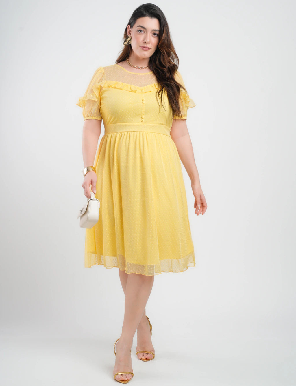 Vestido Midi Tule Textura Poá Com Babado Amarelo