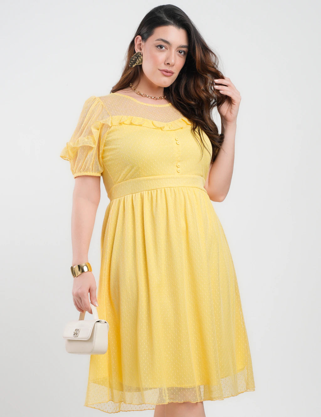 Vestido Midi Tule Textura Poá Com Babado Amarelo