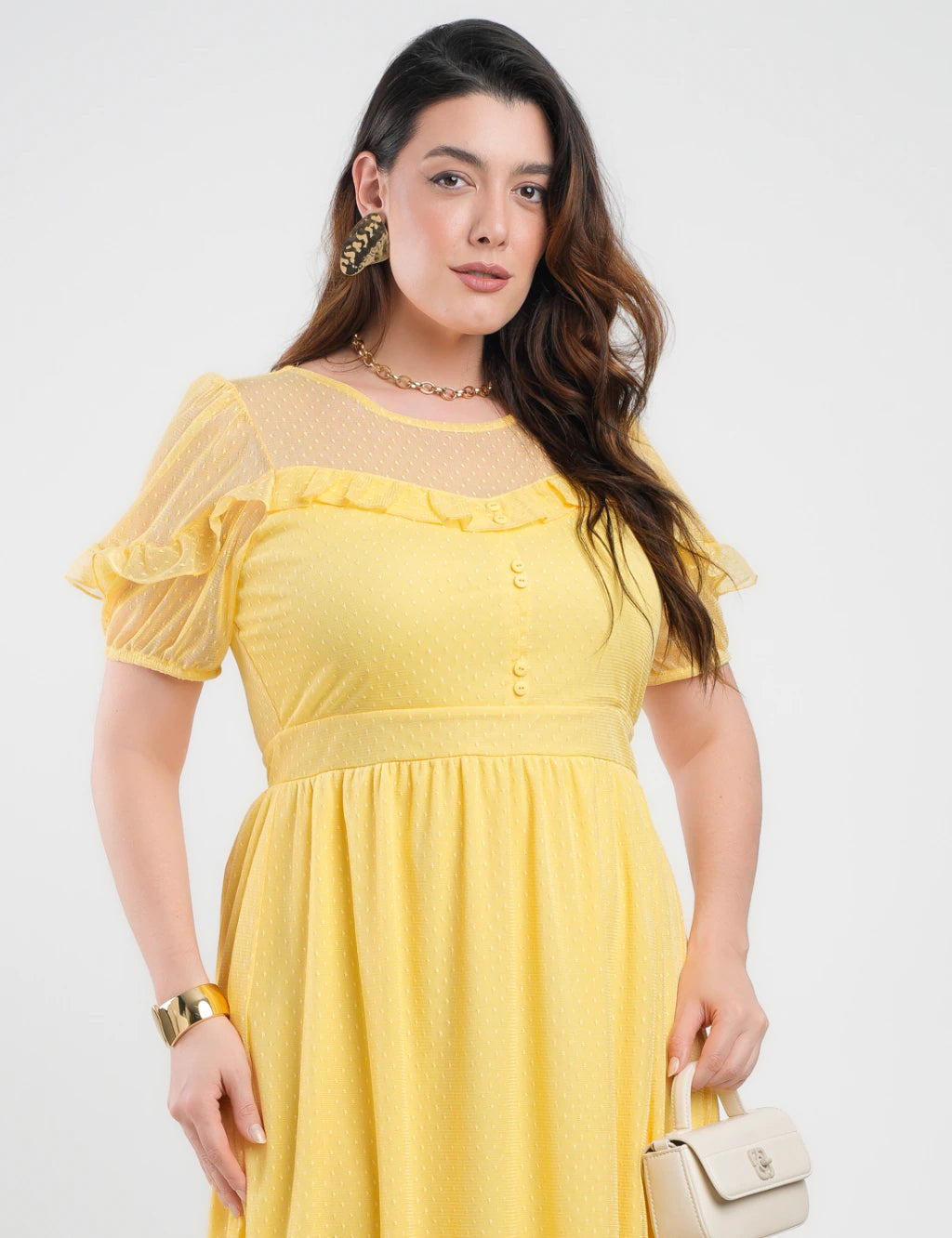 Vestido Midi Tule Textura Poá Com Babado Amarelo