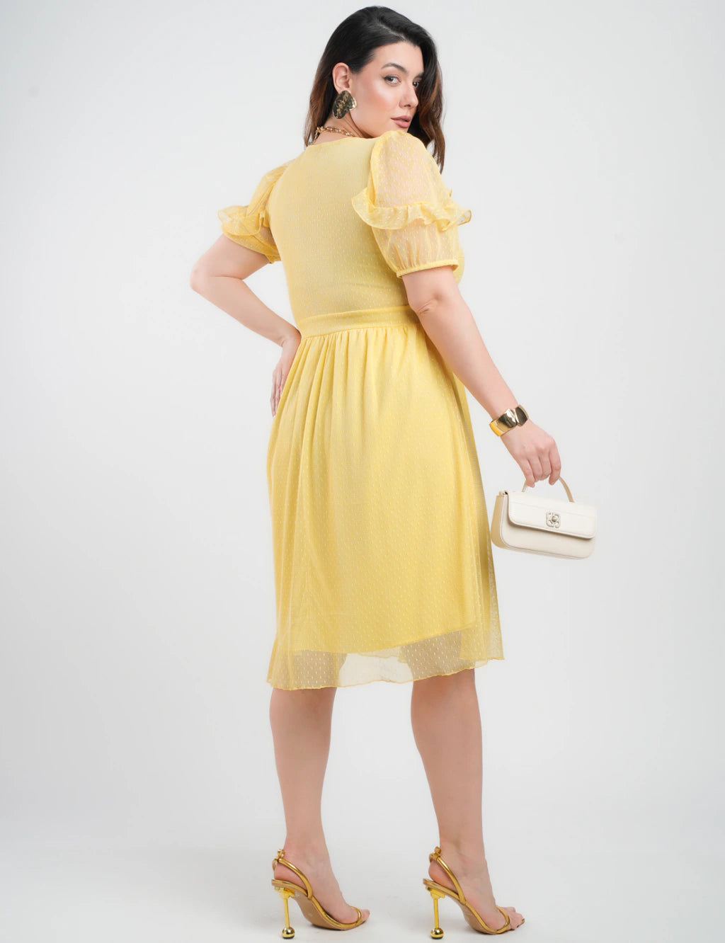 Vestido Midi Tule Textura Poá Com Babado Amarelo