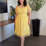 Vestido Midi Tule Textura Poá Com Babado Amarelo