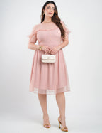 Vestido Midi Tule Textura Poá Com Babado Rosé