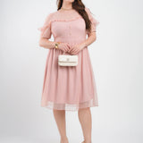 Vestido Midi Tule Textura Poá Com Babado Rosé