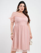 Vestido Midi Tule Textura Poá Com Babado Rosé