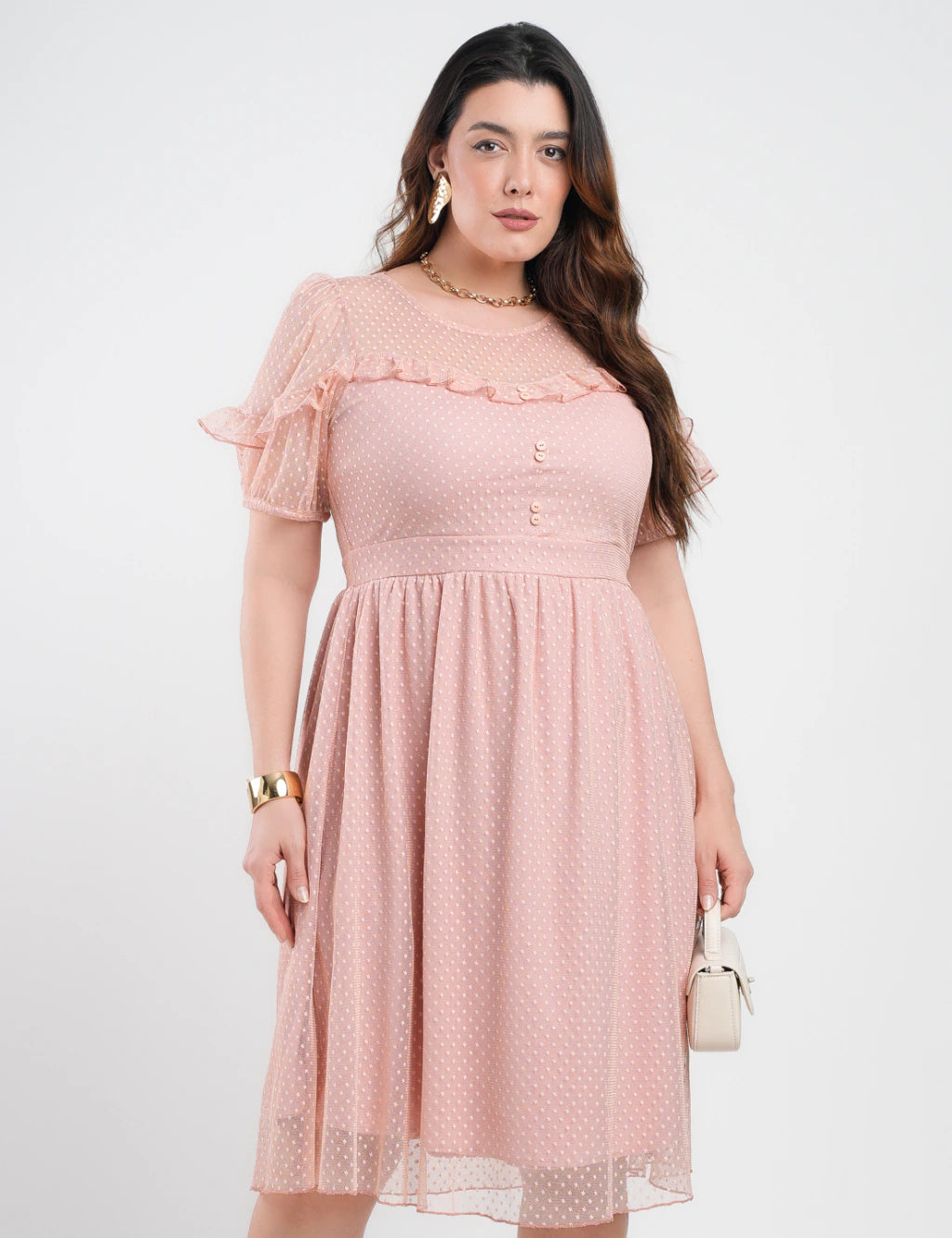 Vestido Midi Tule Textura Poá Com Babado Rosé