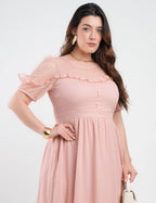 Vestido Midi Tule Textura Poá Com Babado Rosé