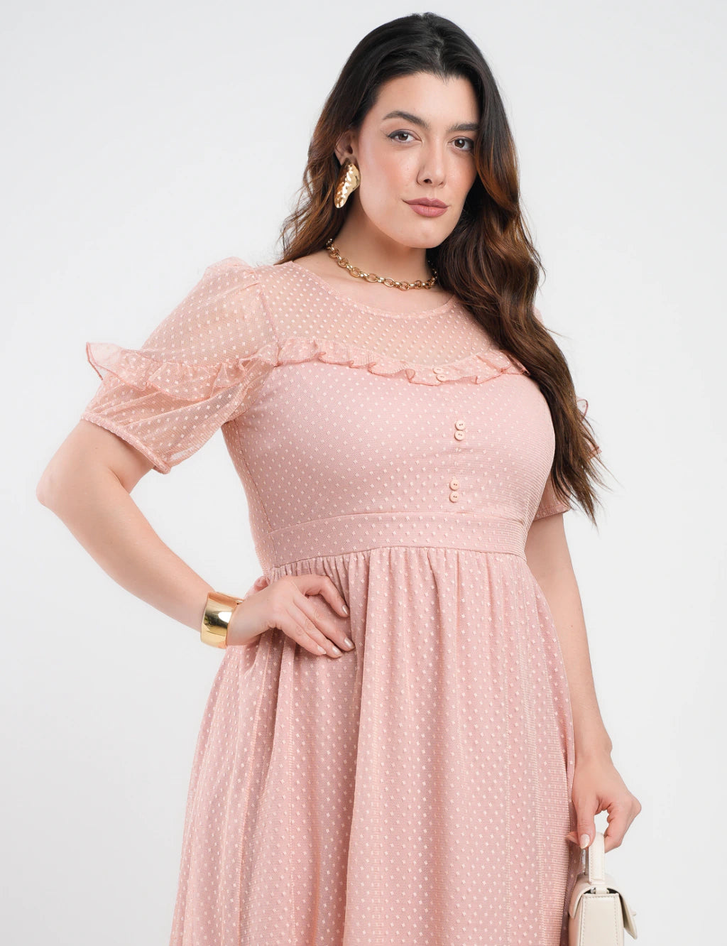 Vestido Midi Tule Textura Poá Com Babado Rosé