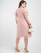 Vestido Midi Tule Textura Poá Com Babado Rosé